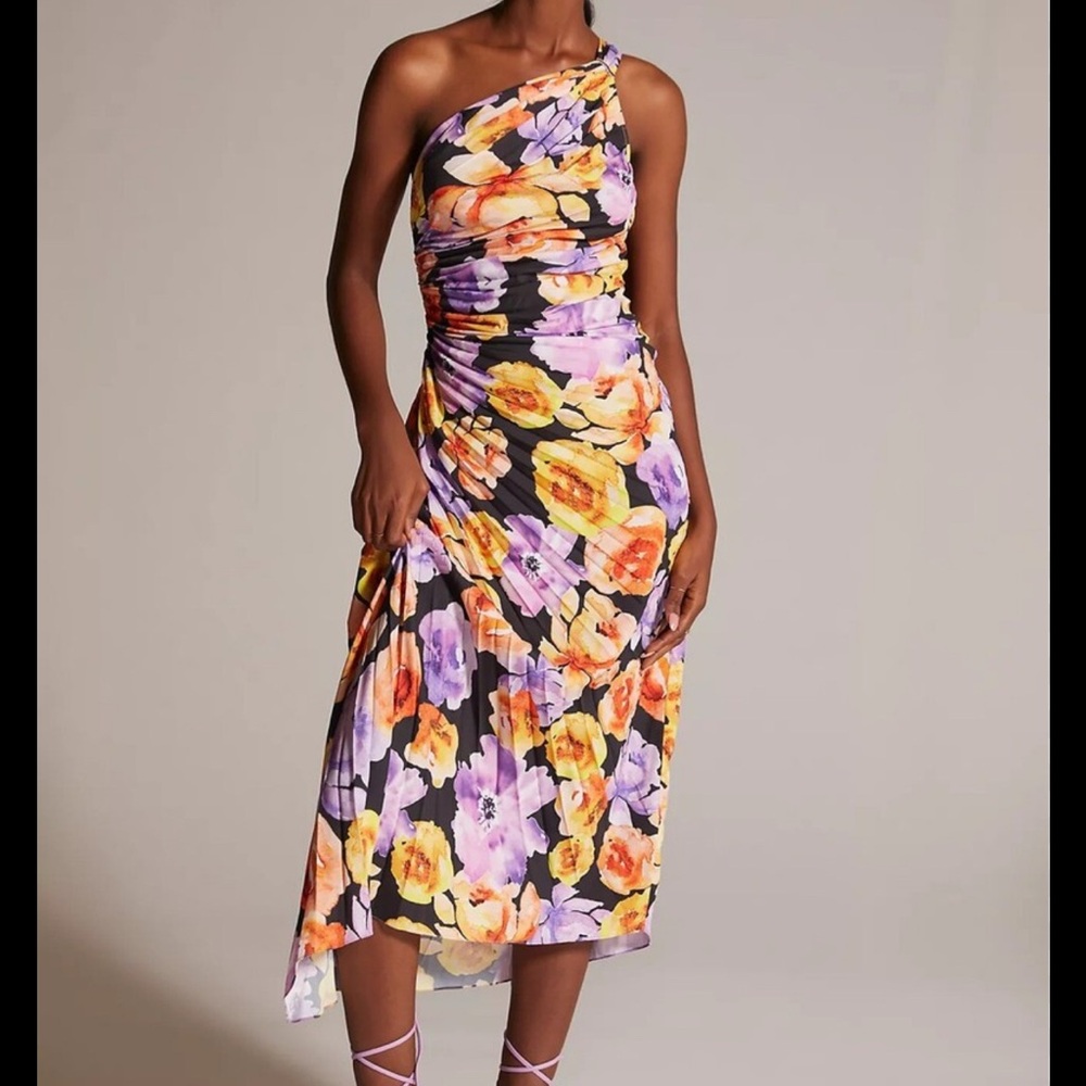 Anthropologie One-Shoulder Floral Dress - Purple, Orange, Yellow